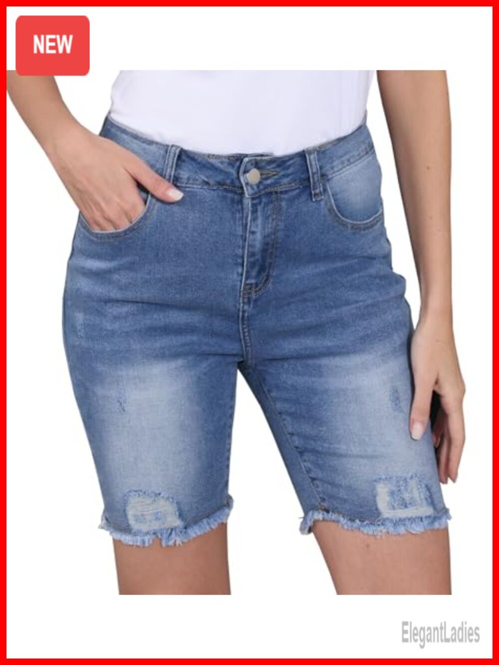 Womens Bermuda Denim Shorts Stretchy Frayed Raw Hem Mid Rise
